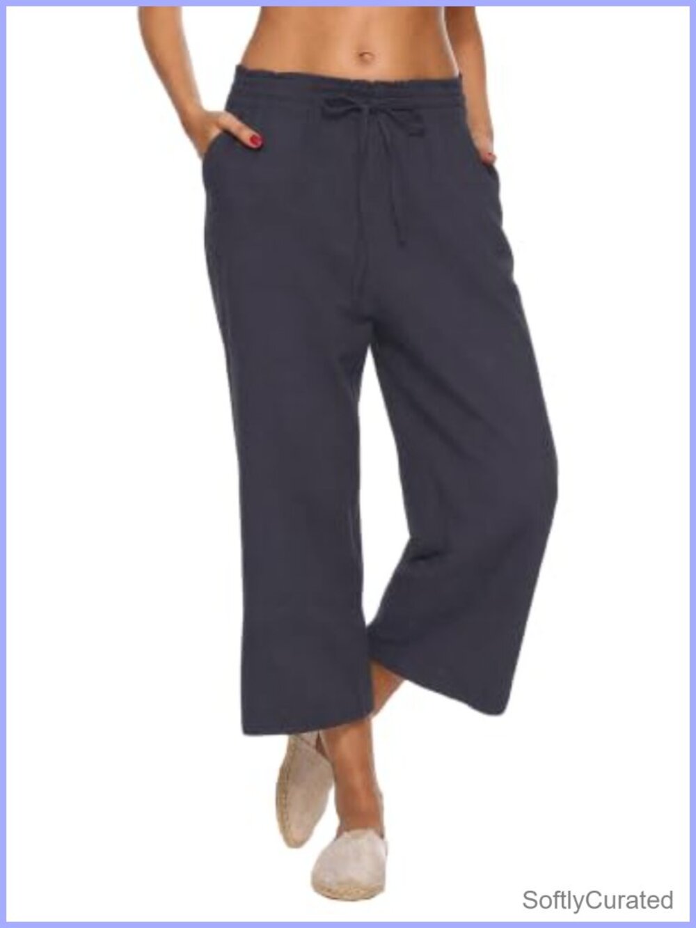 Women's Linen Cotton Wide Leg High Waisted Capri Pants with Pockets